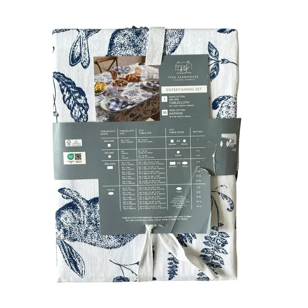 11pc Farmhouse Easter Bunny Tablecloth 60x120 Gingham Napkin Set Blue White NEW